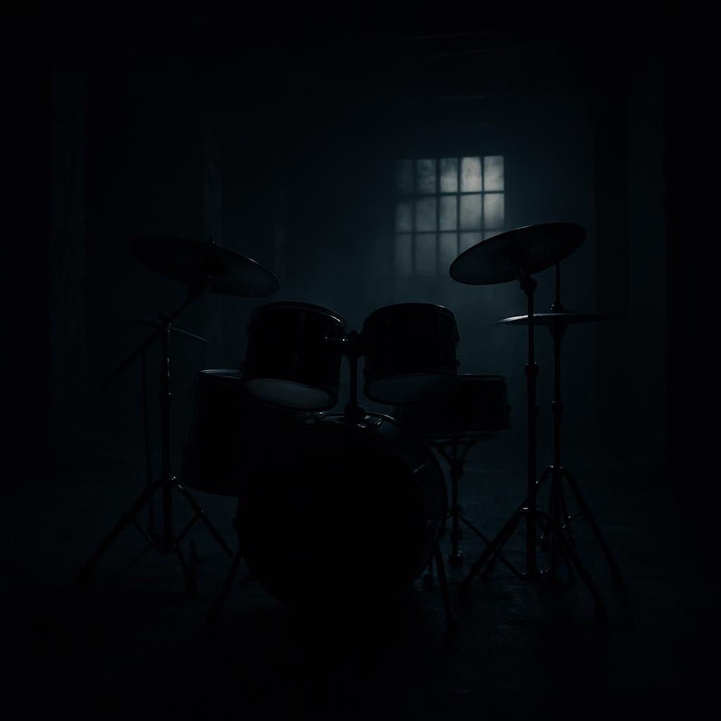 The image shows a darkened photo of a drum set with backlit spotlight in a dimly lit room with a grid window and black walls.